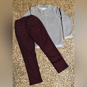 Sovereign Code grey shirt size 7, Cat & Jack burgundy pants size 7.